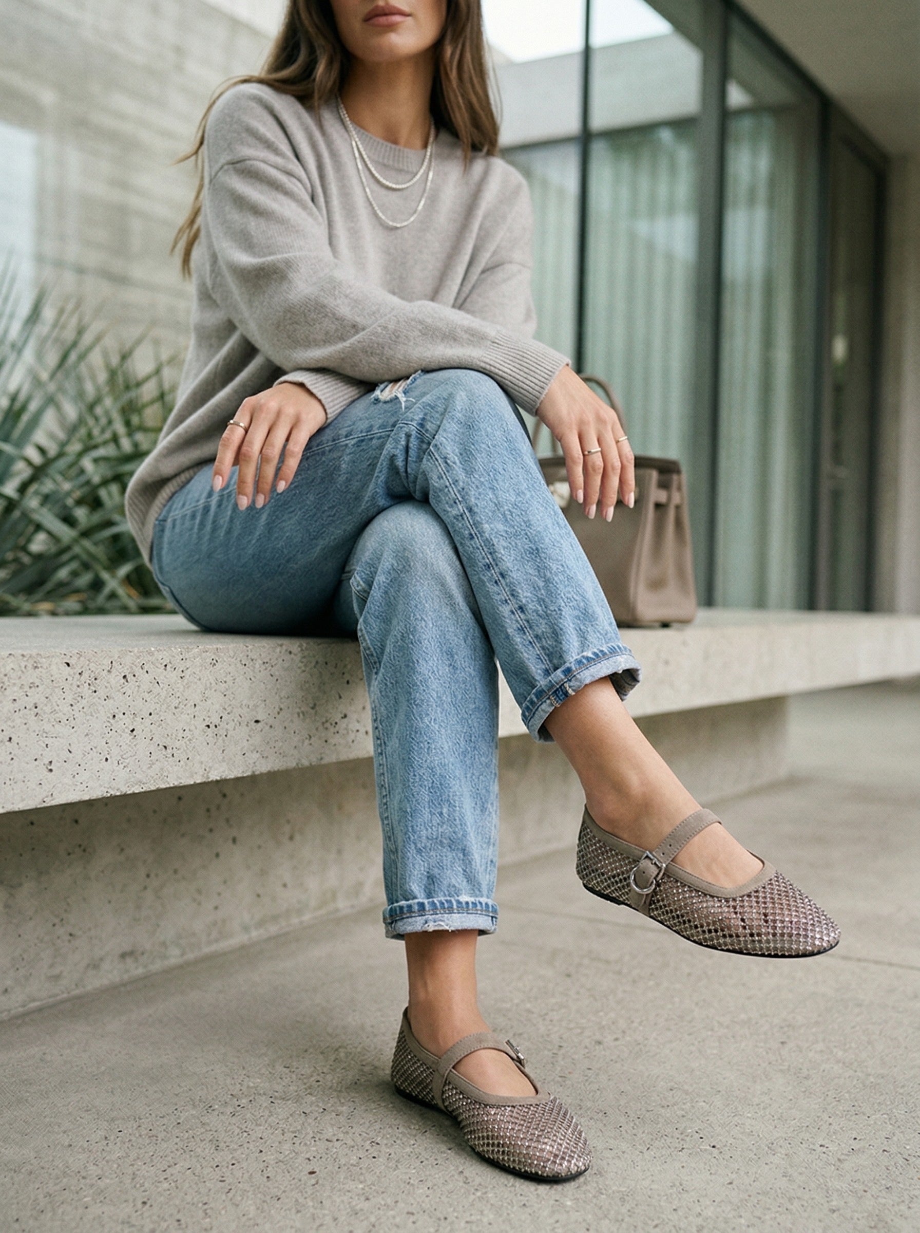 Mary Jane Mesh Ballerina – Taupe Glam